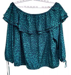 Michael Kors Green Cheetah Animal Print Off the Shoulder Ruffle Top 1X 2X Read
